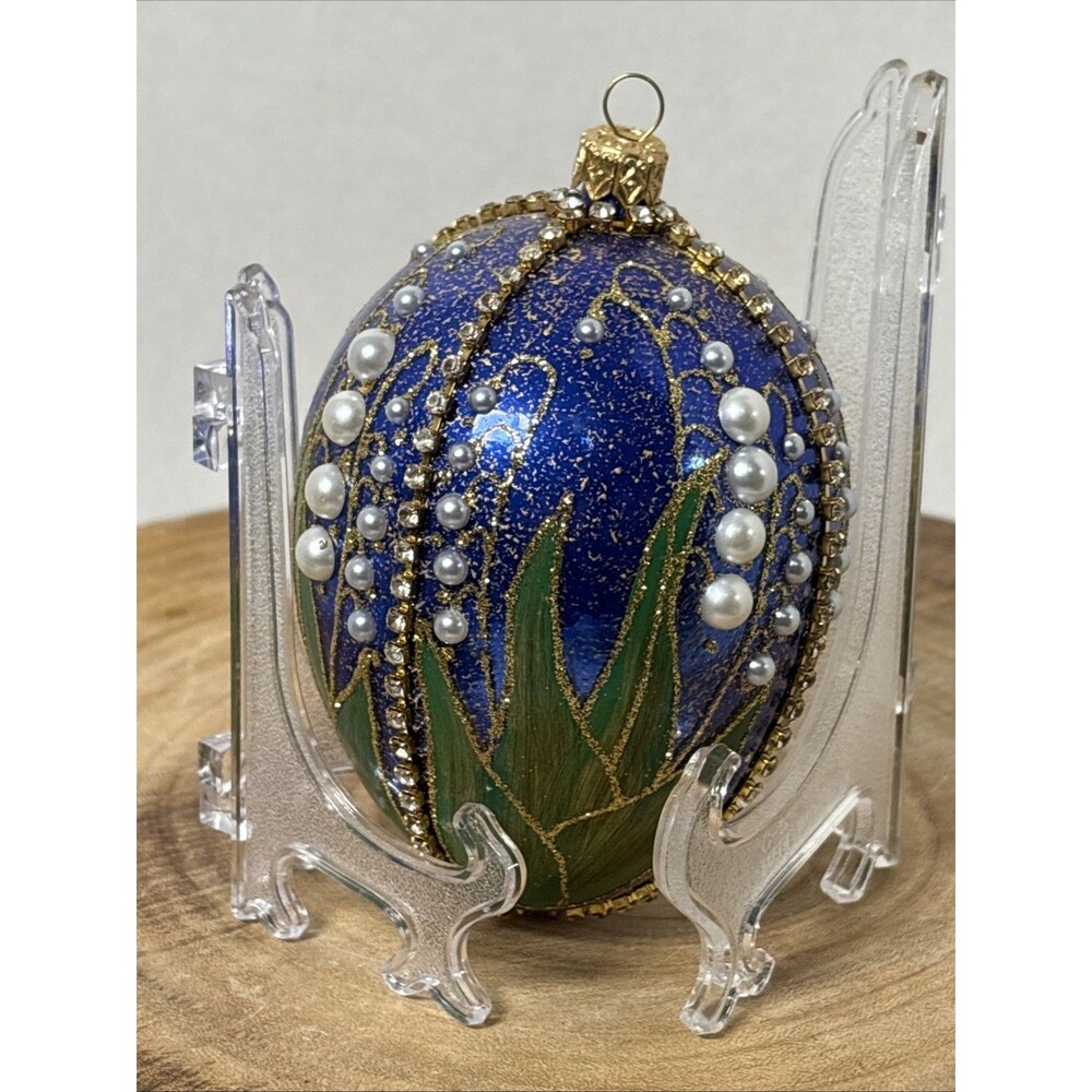 Faberge Inspired Blue Lilies of The Valley Egg Polish Glass Christmas Ornament
